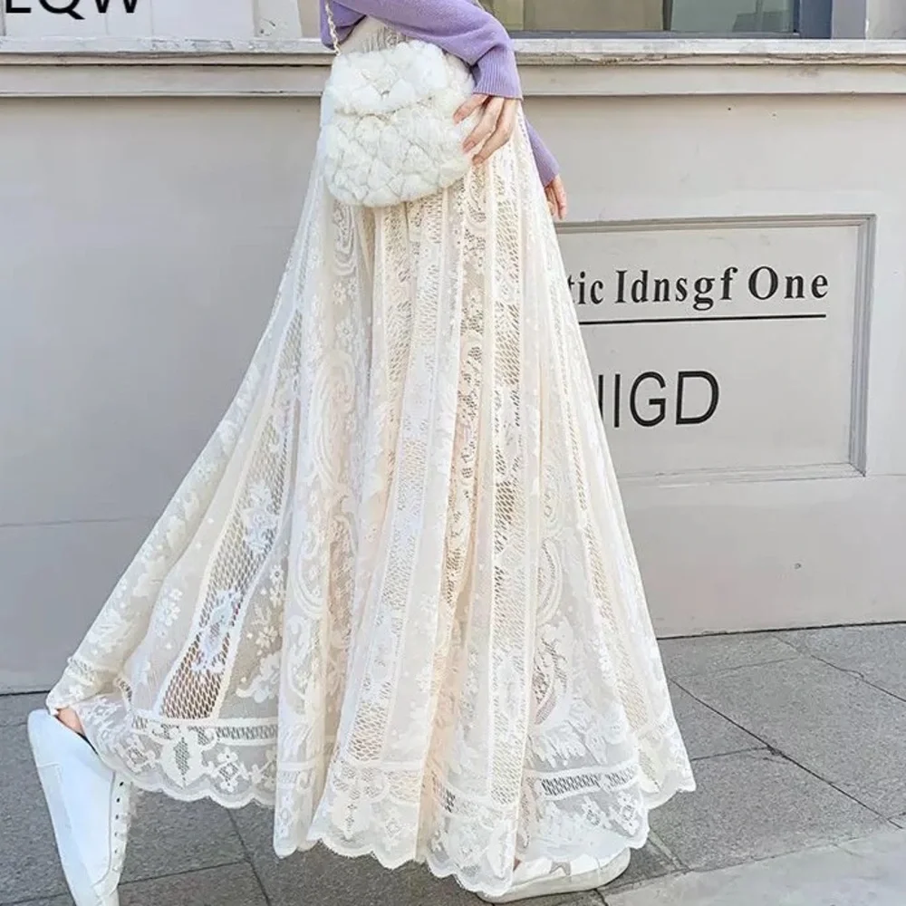 Lace skirt cream beige womens summer spring long skirt floral - Picture 8 of 15